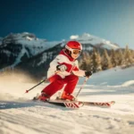 Beginnende skiër die overgaat van pizzahouding naar parallelle stand op verzorgde Alpine piste, omringd door besneeuwde dennenbergen.