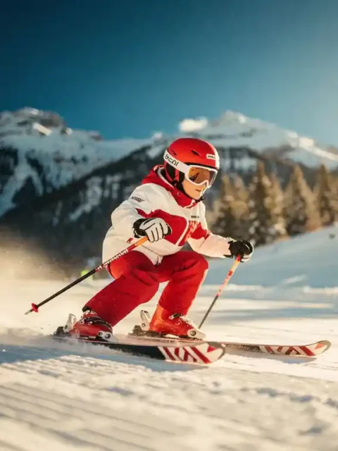 Beginnende skiër die overgaat van pizzahouding naar parallelle stand op verzorgde Alpine piste, omringd door besneeuwde dennenbergen.