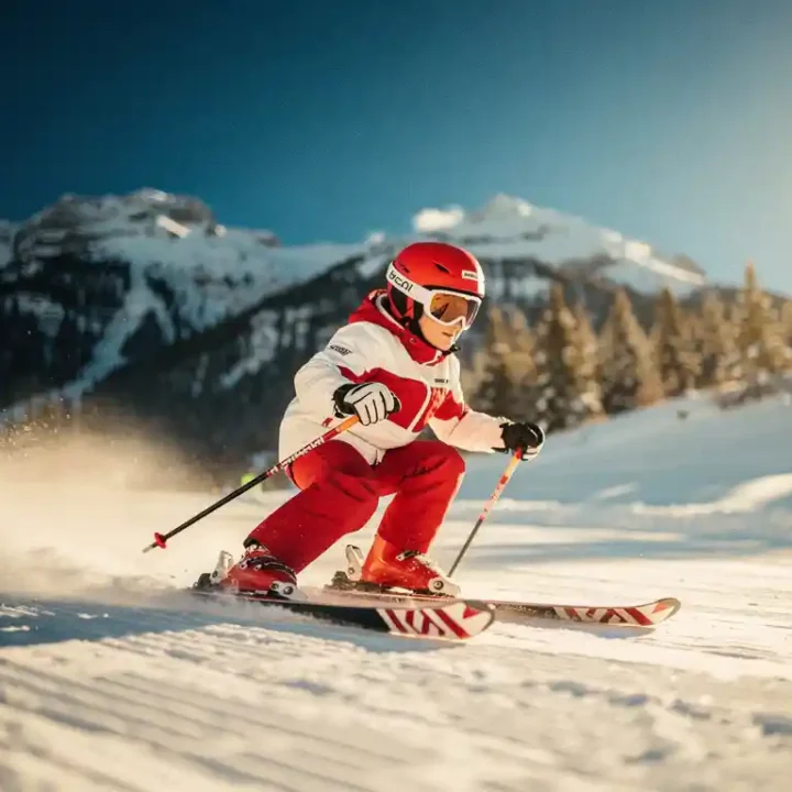 Beginnende skiër die overgaat van pizzahouding naar parallelle stand op verzorgde Alpine piste, omringd door besneeuwde dennenbergen.