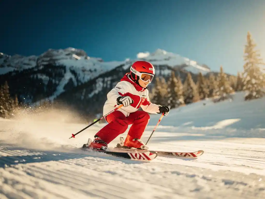 Beginnende skiër die overgaat van pizzahouding naar parallelle stand op verzorgde Alpine piste, omringd door besneeuwde dennenbergen.