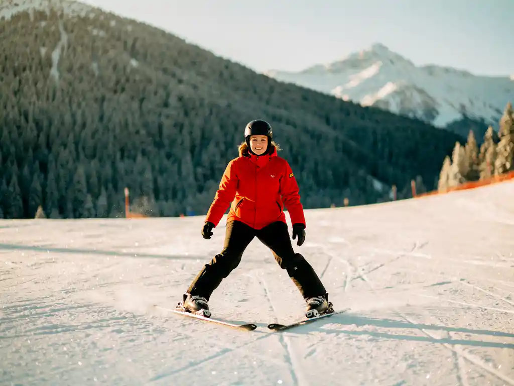 Beginnende skiër in rood jack in pizzawig-positie op verzorgde alpine piste, omringd door sparrenbergen en gouden winterzon.