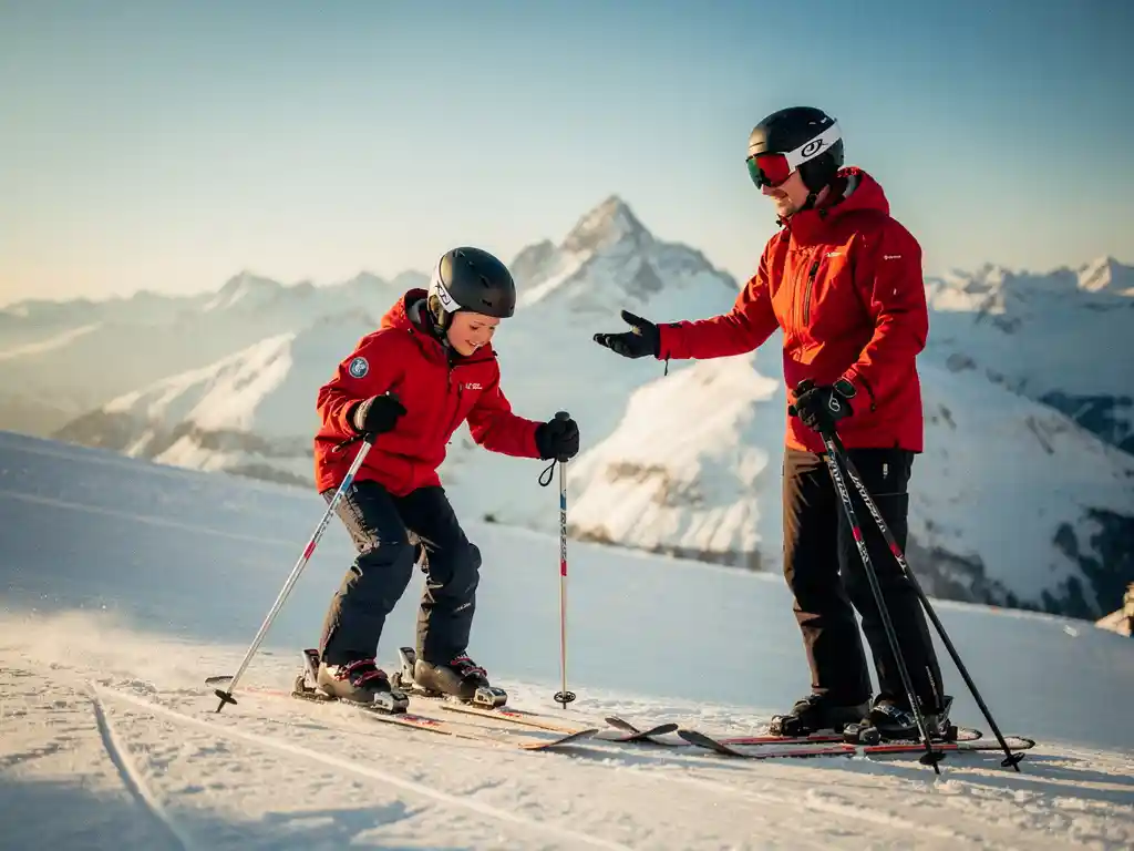 Beginnende skiër in rood jack op zachte sneeuwhelling, begeleid door skileraar met aanmoedigend gebaar, Alpen panorama op de achtergrond.