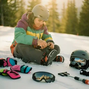 Beginner snowboarder adjusting bindings on snowy slope with helmet, goggles, wrist guards and safety gear scattered around