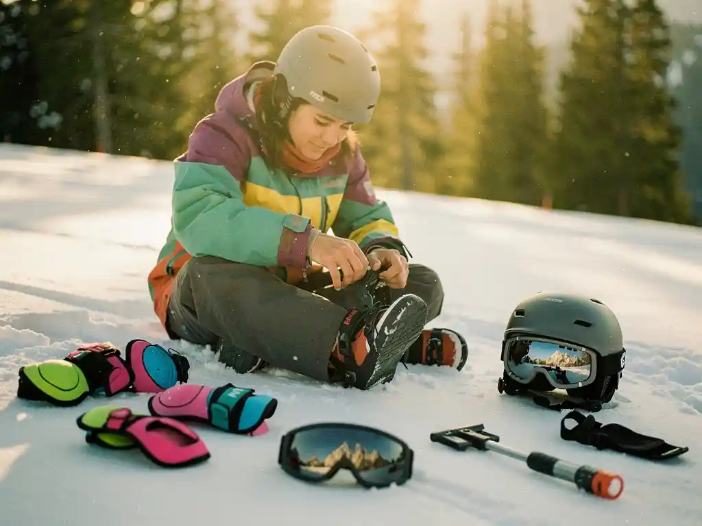 Beginner snowboarder adjusting bindings on snowy slope with helmet, goggles, wrist guards and safety gear scattered around