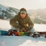 Beginnende snowboarder past bindingen aan op verse poedersneeuw met besneeuwde berghellingen op de achtergrond