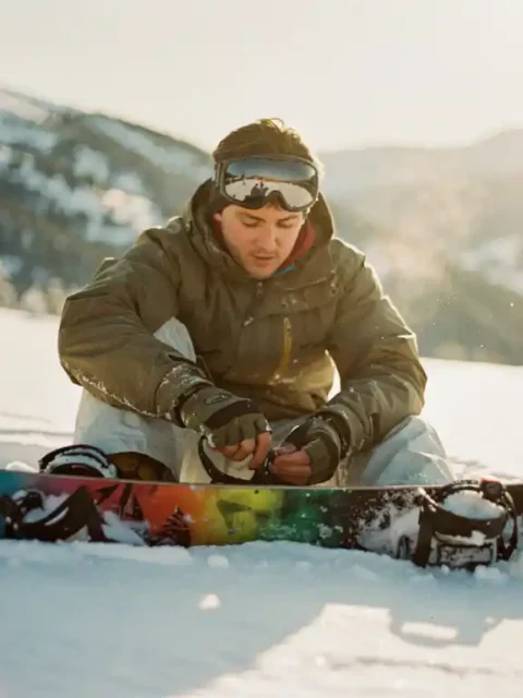 Beginnende snowboarder past bindingen aan op verse poedersneeuw met besneeuwde berghellingen op de achtergrond