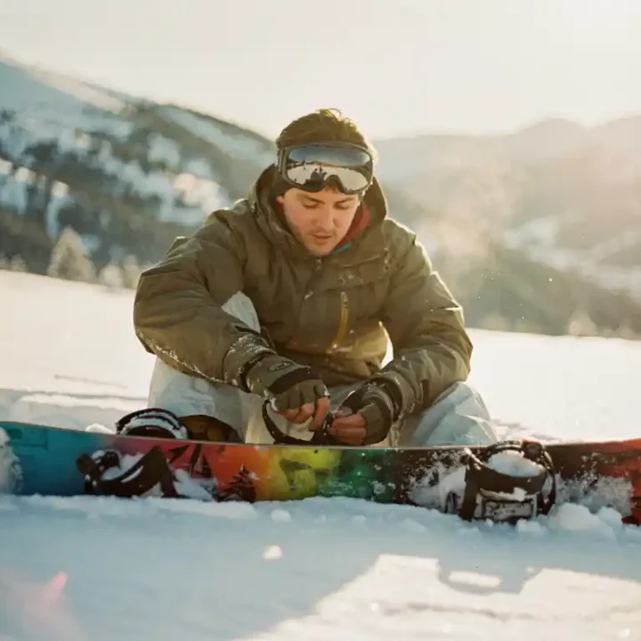Beginnende snowboarder past bindingen aan op verse poedersneeuw met besneeuwde berghellingen op de achtergrond