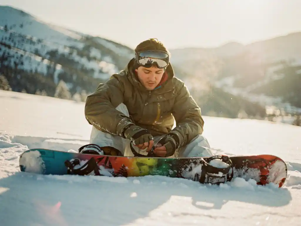 Beginnende snowboarder past bindingen aan op verse poedersneeuw met besneeuwde berghellingen op de achtergrond