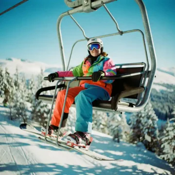 Beginner snowboarder in bright gear riding chairlift above snow-covered mountains and pine trees on sunny day
