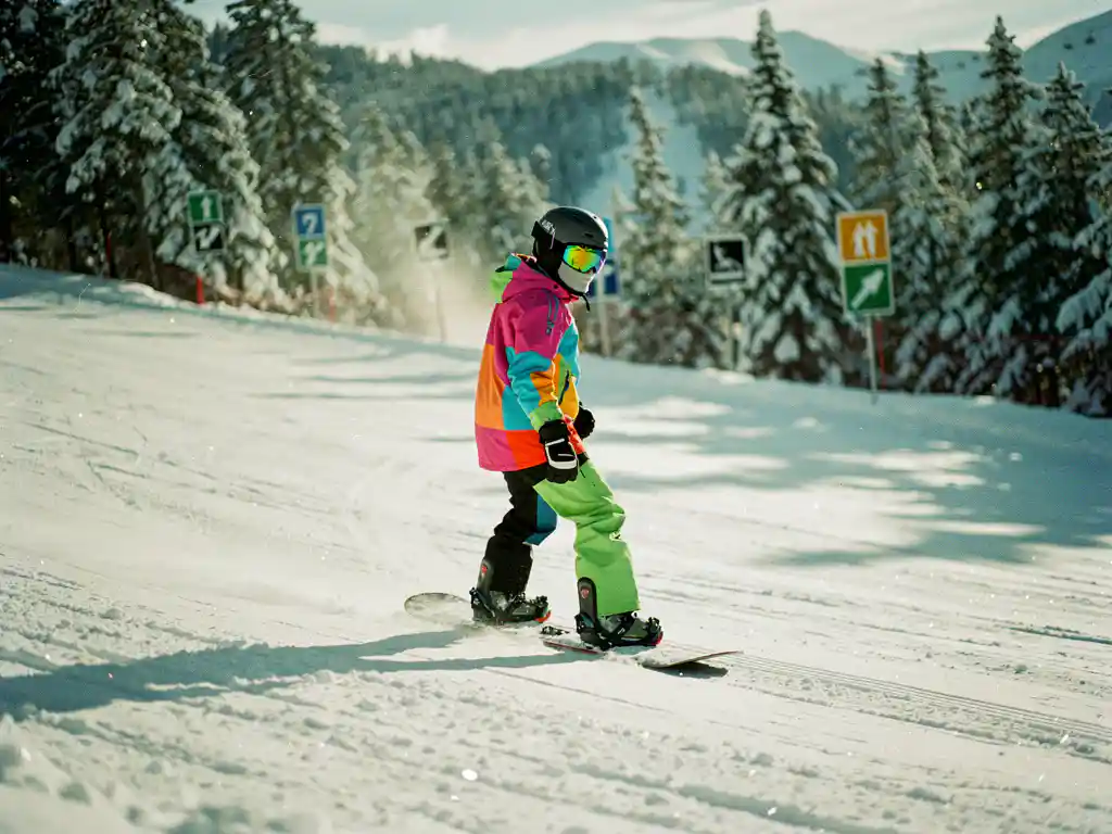 Beginner snowboarder in bright winter gear descending gentle green slope with trail markers and snow-covered pine trees.
