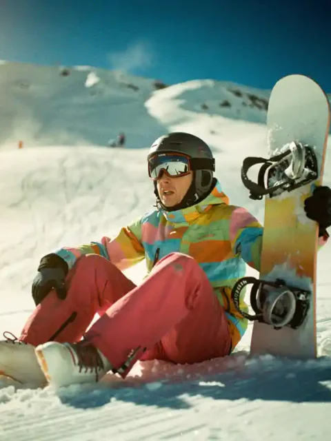 Beginner snowboarder in bright winter gear sitting nervously on fresh powder snow with mountain slopes in background