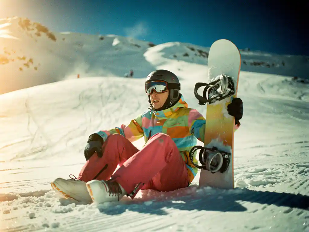 Beginner snowboarder in bright winter gear sitting nervously on fresh powder snow with mountain slopes in background