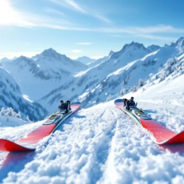 Rode beginnerski's in parallelle positie op vers geprepareerde sneeuwpiste met stralend Alpenpanorama en professionele ski-uitrusting onder blauwe hemel.