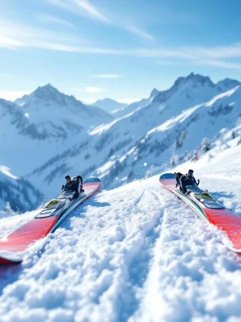 Rode beginnerski's in parallelle positie op vers geprepareerde sneeuwpiste met stralend Alpenpanorama en professionele ski-uitrusting onder blauwe hemel.