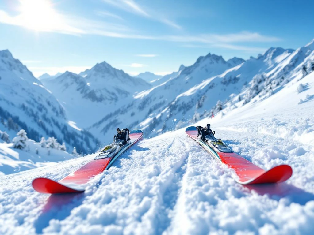 Rode beginnerski's in parallelle positie op vers geprepareerde sneeuwpiste met stralend Alpenpanorama en professionele ski-uitrusting onder blauwe hemel.