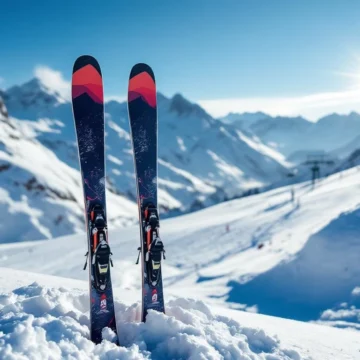 Verschillende beginnerski's in de sneeuw met contrasterende lengtes en breedtes, getoond in helder zonlicht met bergtoppen en een skilift op de achtergrond.