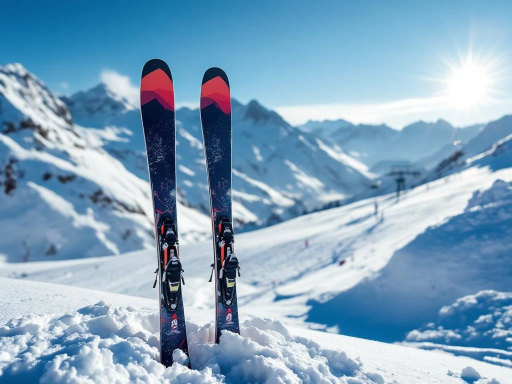 Verschillende beginnerski's in de sneeuw met contrasterende lengtes en breedtes, getoond in helder zonlicht met bergtoppen en een skilift op de achtergrond.