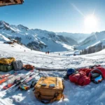Panoramisch uitzicht op zonnige beginnerspiste in de Alpen met verse sneeuw, complete ski-uitrusting op voorgrond en instructeurs in rode jassen op achtergrond.