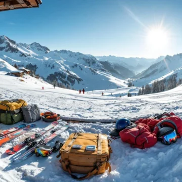 Panoramisch uitzicht op zonnige beginnerspiste in de Alpen met verse sneeuw, complete ski-uitrusting op voorgrond en instructeurs in rode jassen op achtergrond.