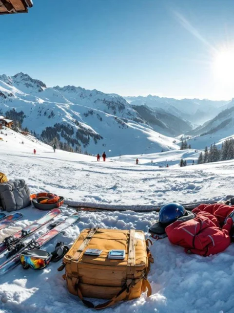 Panoramisch uitzicht op zonnige beginnerspiste in de Alpen met verse sneeuw, complete ski-uitrusting op voorgrond en instructeurs in rode jassen op achtergrond.