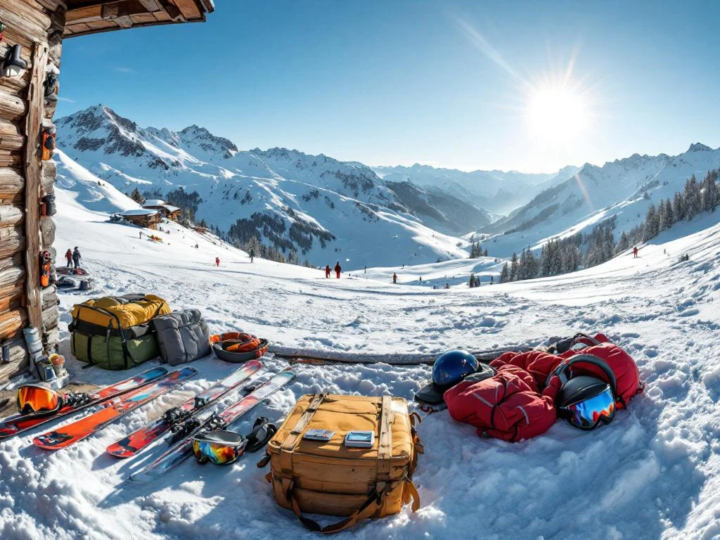 Panoramisch uitzicht op zonnige beginnerspiste in de Alpen met verse sneeuw, complete ski-uitrusting op voorgrond en instructeurs in rode jassen op achtergrond.
