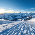 Zonnige beginnerspiste in de Alpen met ski's in ploegpositie op verse sneeuw, oefenende skiërs op achtergrond en majestueuze bergtoppen.