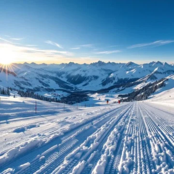 Zonnige beginnerspiste in de Alpen met ski's in ploegpositie op verse sneeuw, oefenende skiërs op achtergrond en majestueuze bergtoppen.