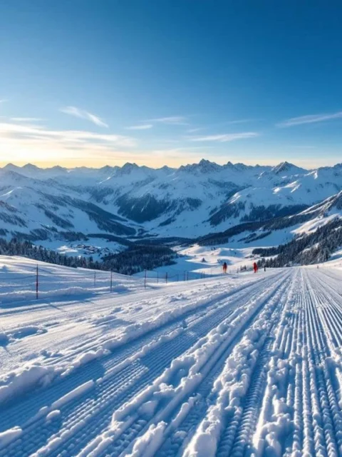 Zonnige beginnerspiste in de Alpen met ski's in ploegpositie op verse sneeuw, oefenende skiërs op achtergrond en majestueuze bergtoppen.