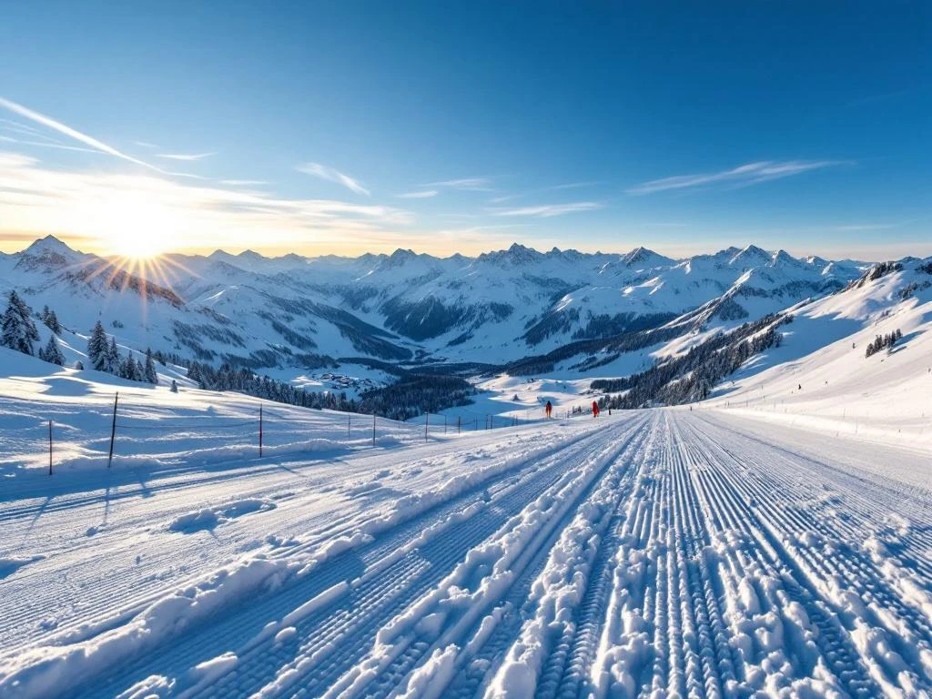 Zonnige beginnerspiste in de Alpen met ski's in ploegpositie op verse sneeuw, oefenende skiërs op achtergrond en majestueuze bergtoppen.