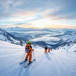 Zonnige beginnerspiste met verse sneeuw, skileraar demonstreert een bocht terwijl beginnende skiërs volgen, tegen een achtergrond van besneeuwde bergtoppen onder blauwe hemel.