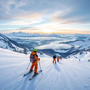 Zonnige beginnerspiste met verse sneeuw, skileraar demonstreert een bocht terwijl beginnende skiërs volgen, tegen een achtergrond van besneeuwde bergtoppen onder blauwe hemel.