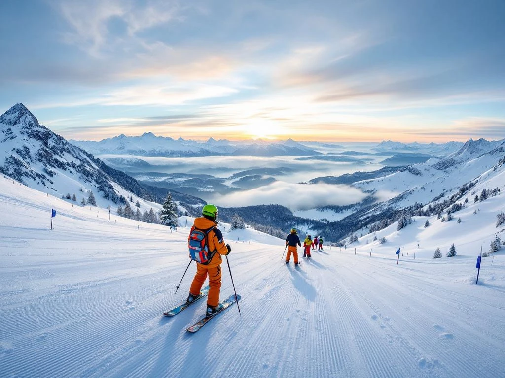 Zonnige beginnerspiste met verse sneeuw, skileraar demonstreert een bocht terwijl beginnende skiërs volgen, tegen een achtergrond van besneeuwde bergtoppen onder blauwe hemel.