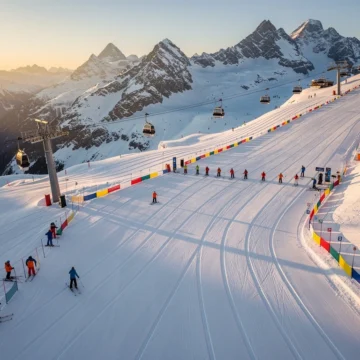 Luchtfoto van Belle Plagne skipistes bij zonsondergang met ski-instructeurs in oranje en blauwe jassen op verschillende hellingen
