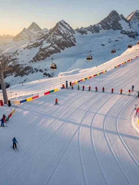 Luchtfoto van Belle Plagne skipistes bij zonsondergang met ski-instructeurs in oranje en blauwe jassen op verschillende hellingen