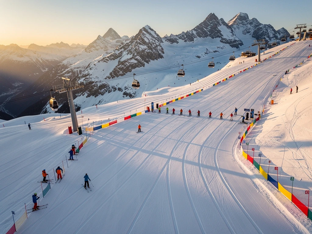 Luchtfoto van Belle Plagne skipistes bij zonsondergang met ski-instructeurs in oranje en blauwe jassen op verschillende hellingen