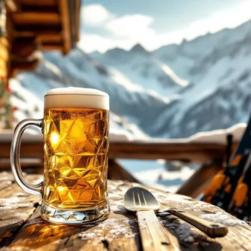 Gouden bier in traditionele mok op houten alpenhut tafel met besneeuwde Oostenrijkse bergtoppen op achtergrond