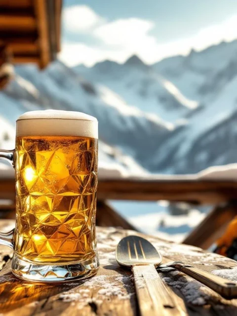 Gouden bier in traditionele mok op houten alpenhut tafel met besneeuwde Oostenrijkse bergtoppen op achtergrond