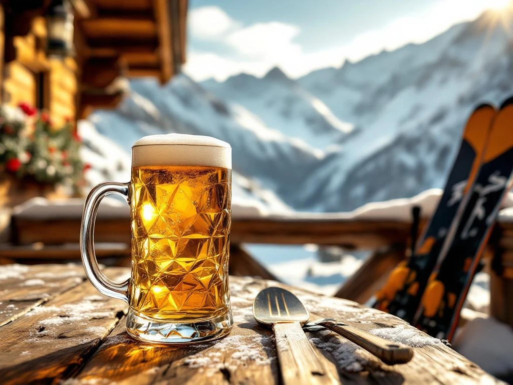 Gouden bier in traditionele mok op houten alpenhut tafel met besneeuwde Oostenrijkse bergtoppen op achtergrond