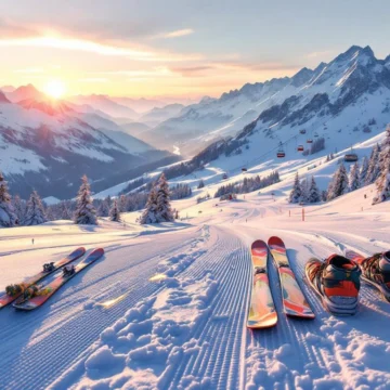 Kleurrijke ski-uitrusting op besneeuwde hellingen van Bramberg am Wildkogel met Oostenrijkse Alpen en kabelbanen op achtergrond