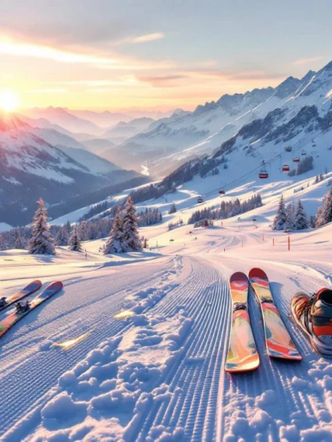 Kleurrijke ski-uitrusting op besneeuwde hellingen van Bramberg am Wildkogel met Oostenrijkse Alpen en kabelbanen op achtergrond