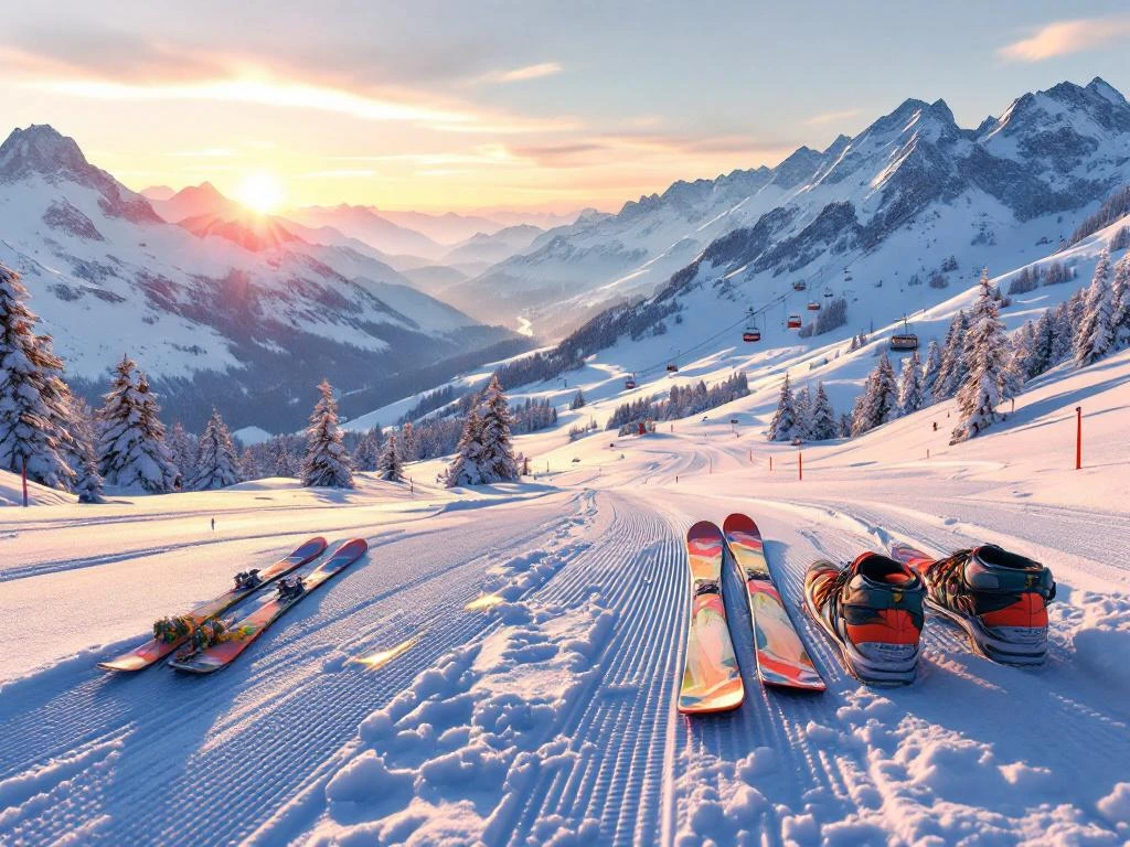 Kleurrijke ski-uitrusting op besneeuwde hellingen van Bramberg am Wildkogel met Oostenrijkse Alpen en kabelbanen op achtergrond
