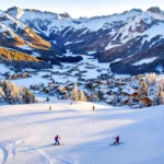 Luchtfoto van skipistes in Brixen im Thale met ski-instructeurs in oranje jassen op besneeuwde Alpenhellingen