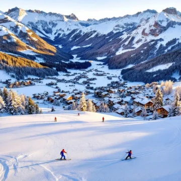 Luchtfoto van skipistes in Brixen im Thale met ski-instructeurs in oranje jassen op besneeuwde Alpenhellingen