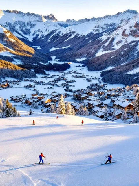 Luchtfoto van skipistes in Brixen im Thale met ski-instructeurs in oranje jassen op besneeuwde Alpenhellingen