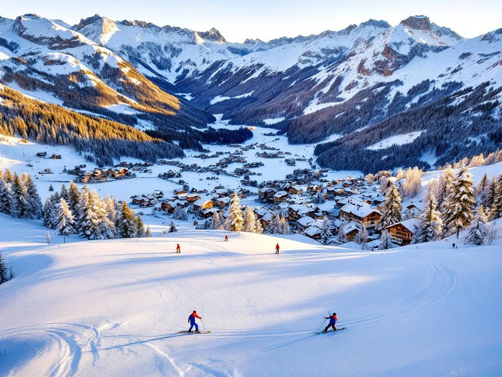 Luchtfoto van skipistes in Brixen im Thale met ski-instructeurs in oranje jassen op besneeuwde Alpenhellingen