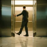 Business professional carefully stepping through modern elevator doors while gripping frame for support in marble lobby