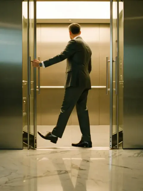 Business professional carefully stepping through modern elevator doors while gripping frame for support in marble lobby