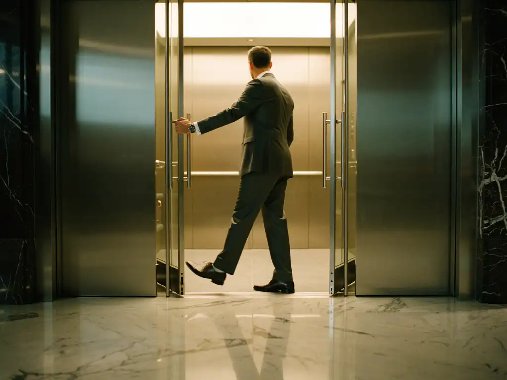 Business professional carefully stepping through modern elevator doors while gripping frame for support in marble lobby