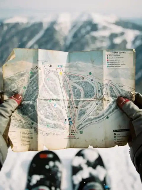 Mains gantées de snowboardeur tenant une carte de pistes dépliée avec montagnes enneigées en arrière-plan flou