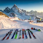 Luchtfoto van besneeuwde skipistes in Chamonix met Mont Blanc op de achtergrond en kleurrijke ski-uitrusting in de voorgrond